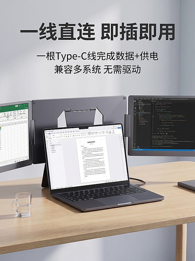 [详情页8 连接方式] aigo14寸双屏便携显示器一线直连卖点
[氛围风格] 简约科技风，直观展示连接方式
[画质] 清晰商业摄影，干净高级
[元素] 展示产品连接笔记本场景，笔记本放置中间，双屏显示器扩展后方，一根Type-C线连接，保持产品外观和实拍一致，场景放置简约办公桌面，产品占比60%，满屏无边框
[光影] 柔和办公灯光，整体明亮通透
[配色] 深空灰产品，浅木色桌面，浅灰背景，自然协调
[视角构图] 平视角度，展示完整连接状态
[文字版式] 顶部标题“一线直连 即插即用”深灰粗体；下方说明“一根Type-C线完成数据+供电 兼容多系统 无需驱动”，文字清晰不遮挡主体
[比例分辨率] 3:4比例，2k分辨率，文字清晰，超高清
[负向提示词] 结构错误，变形，水印，文字错乱，背景杂乱