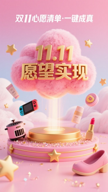 创建一个充满活力的，3D风格的宣传海报，梦幻般的粉红色渐变背景（从浅粉色过渡到深粉色，与柔和的云纹理）。  在顶部，包括引人注目的文字：“双11心愿清单·一键成真”。 在中心，一个大的蓬松的粉红色云作预览效果