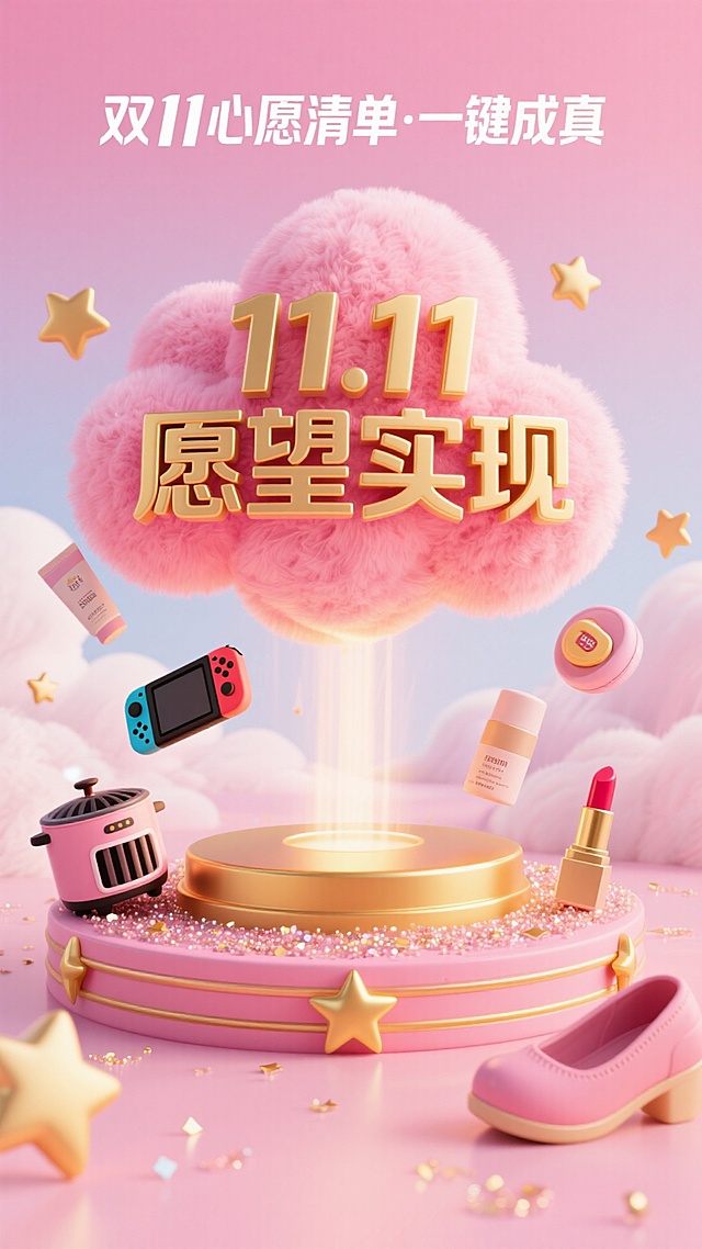 梦幻粉色云朵托起金色“11.11愿望实现”，软3D毛绒质感搭配鎏金粒子与卡通微缩商品，营造甜蜜可爱氛围，双11节日主题跃然眼前。