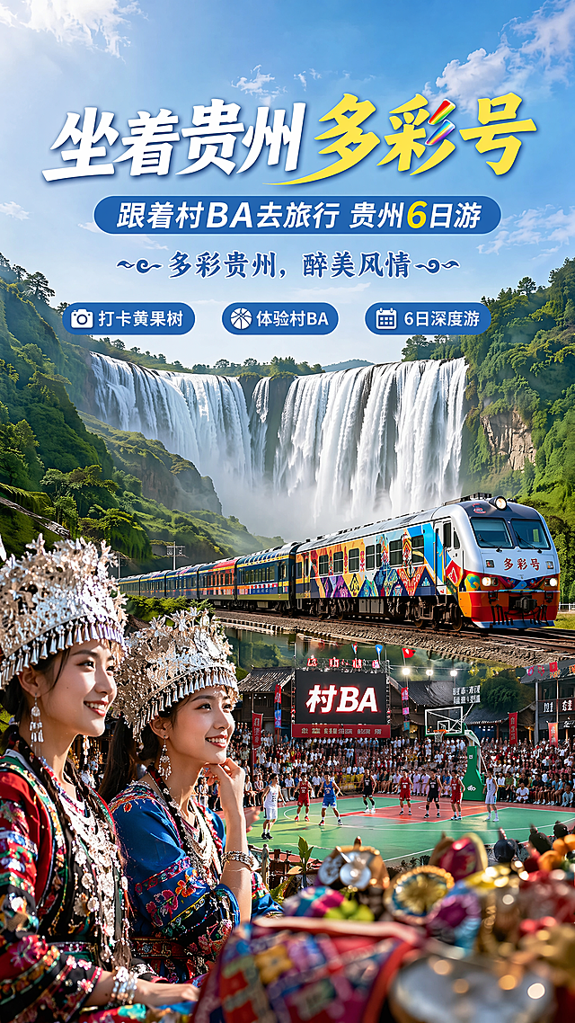 基于参考图修改，保留黄果树瀑布和贵州多彩号专列整体构图，将村BA赛场区域前方的两位女性替换为年轻漂亮、外形靓丽的美女，保持整体画面风格统一，色彩协调，文字清晰可辨，9:16竖版，高清质感
