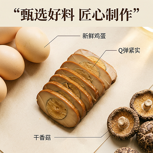 [主图主题] 鸡蛋干核心卖点展示
[氛围/风格] 高级干净，真实质感，突出食材新鲜
[画面元素] 整张切片的鸡蛋干放置在画面中心，周围摆放鸡蛋原料和干香菇，自然暖光从上方照射，突显弹嫩肌理，背景为干净的浅米色食品级卡纸，全屏无白边，无人物
[配色色系] 主色调：浅米白，辅助色：鸡蛋淡黄色，鸡蛋干棕褐色
[视角构图] 俯视平铺，大景深，主体清晰，全画面铺满
[文字版式] 顶部主标题“甄选好料 匠心制作”，粗体深棕色；用纤细引线分别指向鸡蛋标注“新鲜鸡蛋”，指向鸡蛋干标注“Q弹紧实”，细体黑色；所有文字均不遮挡主体，布局均衡，无人物