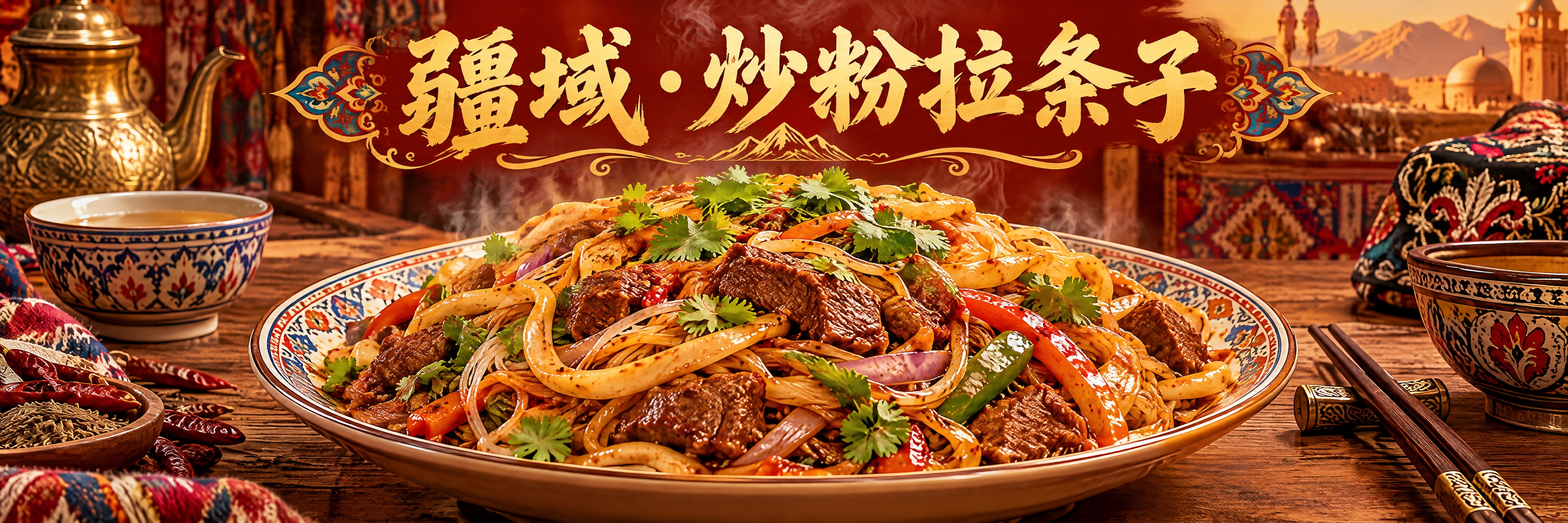 新疆炒粉拉条子美食海报，横版构图，画面主体是一大盘色香味俱全的… - 图片创意预览