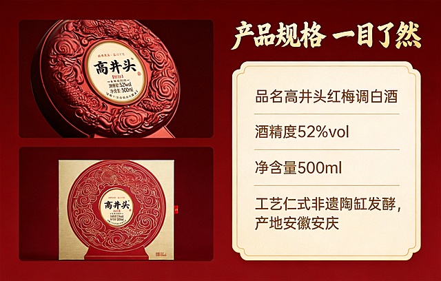 [第4屏] 产品细节与规格展示：高井头白酒产品规格
[氛围风格] 中式国酒高端氛围感，和首屏保持一致风格，商业摄影质感，通透高级。
[元素布局] 左侧上下分栏，上方放置白酒瓶细节特写，下方放置包装盒正面特写，保持产品外观细节和原图一致，文字细节清晰可见；右侧为信息参数区域，用浅色信息卡承托文字，整体排版均衡不拥挤，背景统一使用全局深红色底色。
[光影质感] 整体光影方向和首屏一致，主光正面打亮，产品细节纹理清晰，明暗层次自然。
[配色色系] 全局底色：#991a1a（深红）；主体配色：#b71c1c（产品红）+ #ffd700（烫金）；辅助色：#2d2d2d（文字深棕），配色和首屏完全统一。
[视角构图] 左产品细节+右规格信息分栏构图，清晰易读。
[文字版式] 顶部大标题"产品规格 一目了然"，书法字体金色，居中；信息卡内参数：品名高井头红梅调白酒，酒精度52%vol，净含量500ml，工艺仁式非遗陶缸发酵，产地安徽安庆；所有信息清晰排版，字体沿用产品包装书法风格，字色仅金色一种，字效统一金色渐变。
[比例分辨率] 宽度固定2353px，高度1500px，比例近似16:10，2k分辨率，文字清晰无错字，超高清。
[负向提示词] 变形，水印，文字错乱，错字，乱码，产品模糊，背景杂乱