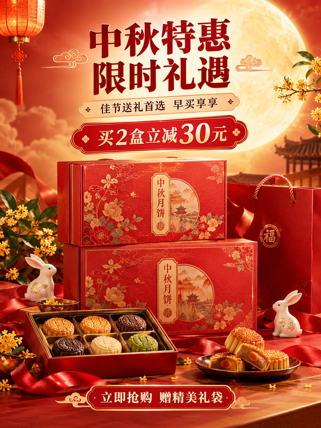 [商品] 中秋月饼礼盒，朱红烫金中式礼盒，含多口味月饼，保留真… - 图片创意预览