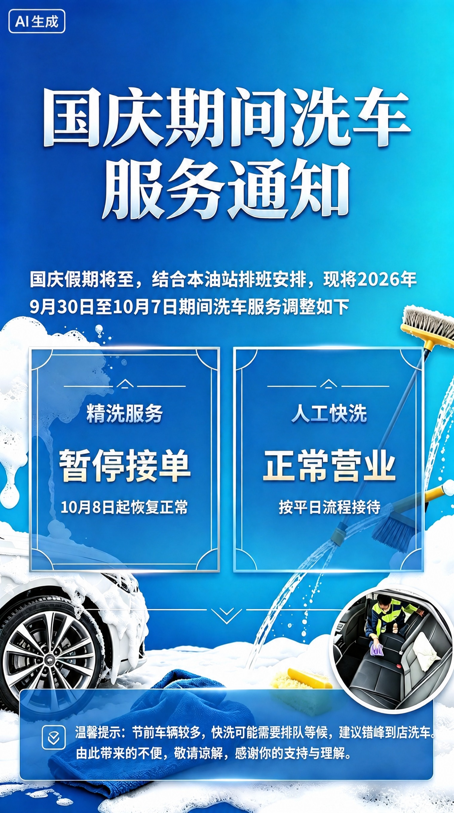基于这张国庆期间洗车服务通知海报，保持整体蓝色渐变背景、洗车元… - 图片创意预览