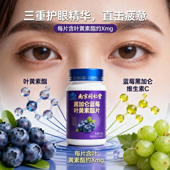 帮我出几张产品主图，保留产品图片不做更改整套主图将围绕 “科学护眼、品牌信赖、场景共鸣” 展开，色调建议采用保护视力的蓝紫色系（象征蓝莓、黑加仑）与黄绿色系（象征叶黄素），搭配干净清爽的背景。

第1预览效果