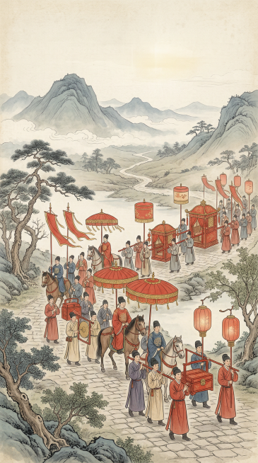 竖屏手机壁纸，新中式工笔国风插画，迎亲仪仗绵延古道，红伞华盖，抬箱执灯，远山黛色，盛大庄重，国风长卷感，低饱和红金配色，柔和光影，留白构图，画面干净雅致，高清细节，氛围感，新中式工笔插画，细腻线条，低预览效果