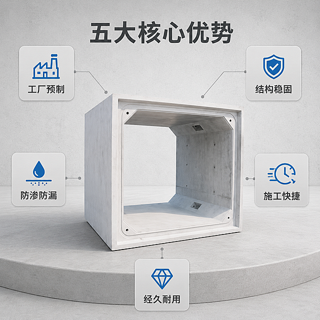 [主图-2] 核心功能环绕图 预制混凝土箱涵五大优势。
[氛围风格] 市政建材专业风 冷灰调 干净稳重 信息清晰 商业摄影级。
[画质] 商业摄影质感 光线均匀 产品清晰真实 混凝土材质细节丰富 画面干净。
[元素] 画面正中央放置混凝土预制箱涵产品 正面视角为主 略微带一点斜侧 展示方形开口与承插口结构 内壁与底部结构清晰可见 保持产品外观物理结构材质质感颜色与输入产品图绝对一致 杜绝任何变形和色差 精细化处理 商品主体占比约55%。背景为浅灰色工业风背景 带有细微水泥纹理 产品放置于浅灰色平台上 有自然投影 无悬浮感。产品四周环绕五个功能图标小模块 分别位于左上 右上 左中 右中 正下方位置 每个模块为圆角浅灰卡片 内有简洁图标和文字 不遮挡产品主体。
[光影] 顶部柔光为主 四周补光均匀 产品正面受光充分 内部有自然明暗过渡 体现深度感 边缘高光细腻 整体光比柔和 专业棚拍感。
[配色] 主色水泥灰 辅色深灰 强调色工程蓝 图标用蓝色点缀 整体冷灰调统一。
[视角构图] 正面平视 略微带俯视角度 产品居中 四周功能模块环绕 构图均衡 景深中等 产品完整不裁切。
[文字版式] 画面顶部居中大标题 写"五大核心优势" 深灰色粗体无衬线 字号较大。五个环绕模块分别为 左上模块图标+文字"工厂预制" 右上"结构稳固" 左中"防渗防漏" 右中"施工快捷" 正下方"经久耐用" 每个模块内图标在上 文字在下 文字为深灰色 清晰可读 模块背景为浅灰白卡片 有细微边框。模块与产品之间用细浅灰线连接 引导视线。
[输出要求] 1:1比例 文字清晰锐利 超高清商业摄影质感。
[负向提示词] 变形 文字错乱 产品图模糊 背景杂乱 水印 电商平台Logo 多余的手 多余的手指 畸形手 融合手指 手部扭曲 肢体穿模 人物面部扭曲 关节反折。