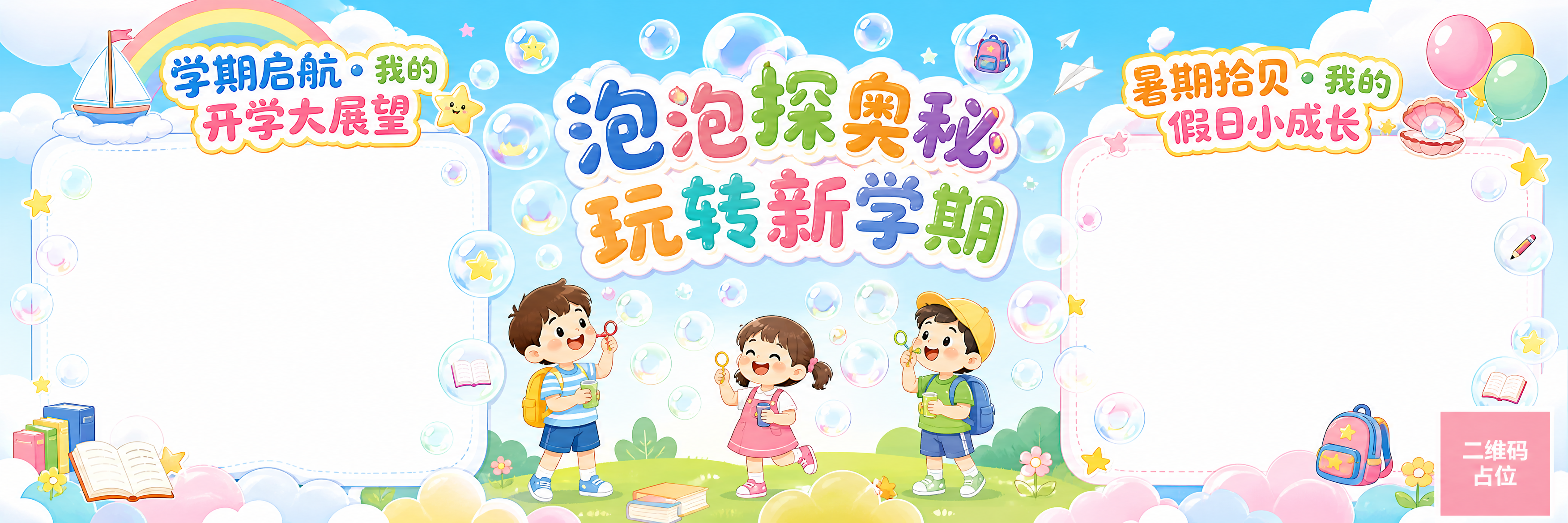 卡通活泼风格的开学主题展板，超宽横版构图。画面分为左中右三个区… - 图片创意预览