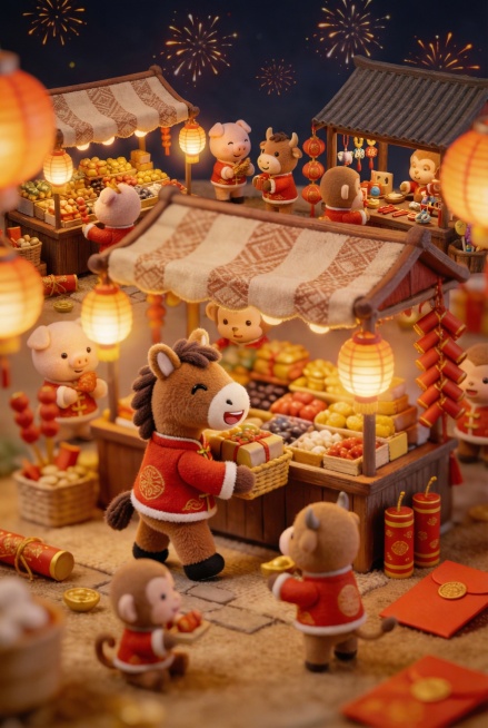 参照以上图片的氛围与情感，并生成以下描述的图片：温馨热闹的春节夜市氛围，微缩场景带来童话般的亲切感，暖色调灯光营造家的温暖，烟花绽放传递节日的喜悦，小马微笑的表情充满友好与祝福，周围丰富的春节元素唤起预览效果