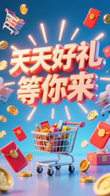 3D大字，文字内容为“天天好礼 等你来"，背景为购物车、红包、放射线、金币元素组成的场景预览效果