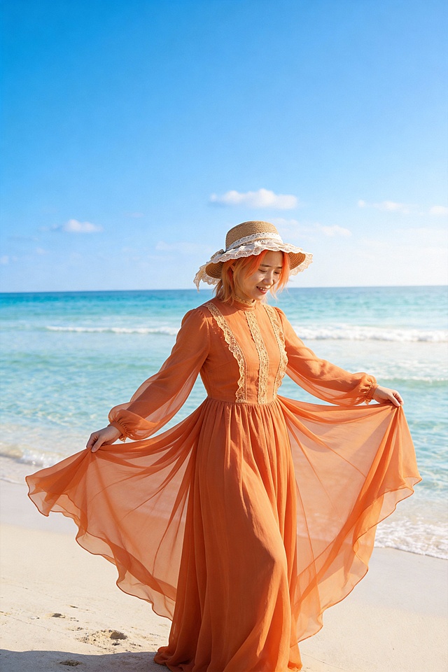 清新唯美的海边写真，橙色长裙随风飘扬，蕾丝点缀尽显优雅文艺，实景自然光打造浪漫时尚感，面料轻盈如诗。