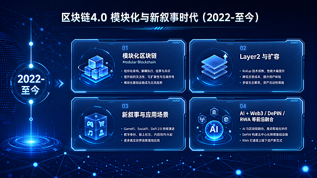 PPT第5页，区块链4.0 模块化与新叙事时代（2022-至今），统一深蓝色科技风格，发光区块链网络背景，时间轴搭配四大发展方向板块，科技感分区排版，保持统一深蓝色配色