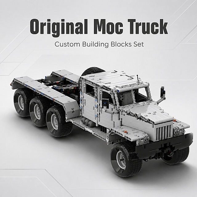 [第1屏] 详情页头图-Original custom-built Truck Building Blocks产品主视觉。本屏使用【图5】作为商品主体展示。
[氛围/风格] 科技简约风，真实客观产品展示，低饱和渐变背景，商业摄影质感，突出积木本身。
[元素布局] 卡车积木放置在画面中心，占比约百分之七十，保持原有产品的物理结构、轮廓比例、颜色材质与输入图一致；浅灰色低饱和渐变背景，背景加入轻微的几何线条装饰，不抢主体注意力。
[光影质感] 正面柔光打光，底部自然投影，积木零件保持清晰高光和轮廓阴影，整体明暗层次分明，产品清晰真实。
[配色色系] 全局底色 #f0f0f0；主色浅灰渐变；辅助色深灰线条点缀。
[视角构图] 斜侧45度视角，产品为绝对视觉中心，阅读从上到下自然动线。
[文字版式] 上方主标题区，下方产品展示。主标题 "Original Moc Truck"，副标题 "Custom Building Blocks Set"，使用简洁无衬线英文字体，主标题位于画面顶部居中，不遮挡产品主体，文字清晰可读。
[比例分辨率] 1:1 正方形比例，2K分辨率，文字清晰可辨，高清画质。
[负向提示词] 产品变形，缺件错件，颜色偏差，中文字符，文字错乱，文字过小，水印，背景杂乱