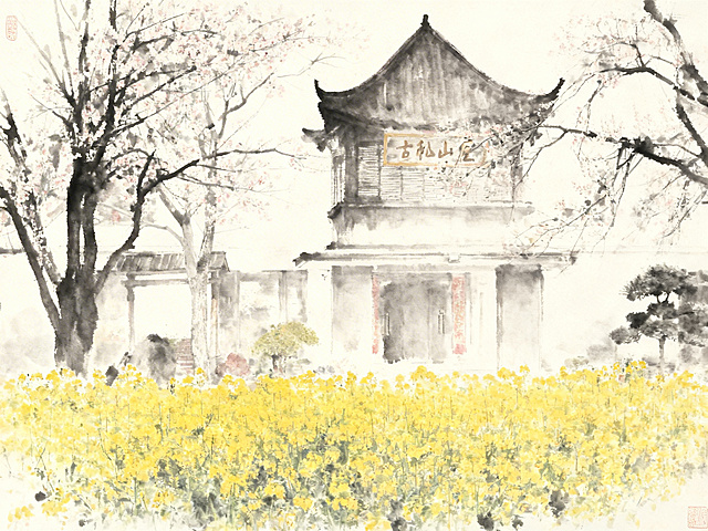 将图片转换为水墨画风，保留古松山庄建筑、前景油菜花和开花树木的构图布局，转化为传统中国水墨画风格，水墨晕染，淡雅留白，意境悠远，消除原有水印