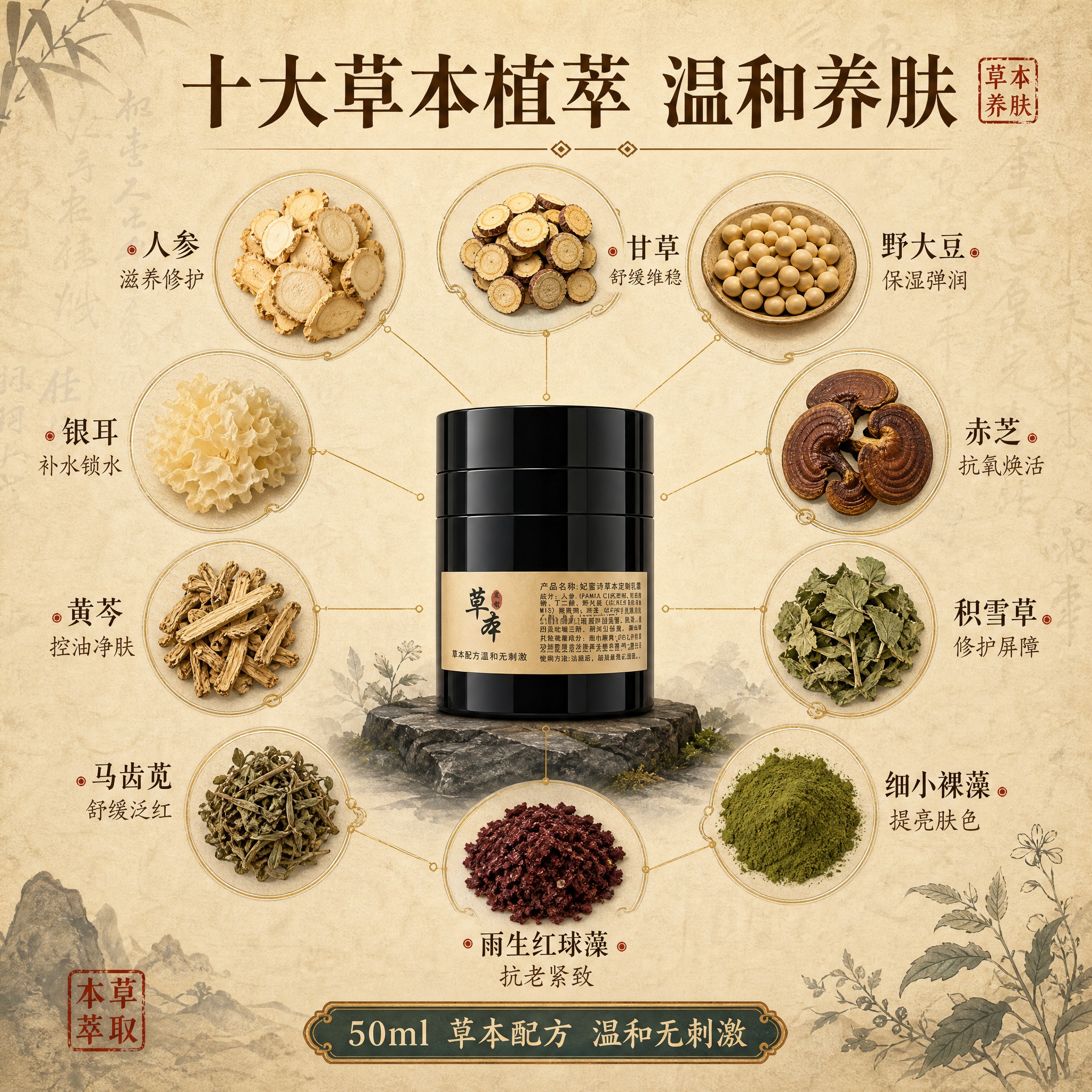 [主图-2] 成分解析图，中药草本风格，详细展示妃蜜诗草本定制… - 图片创意预览