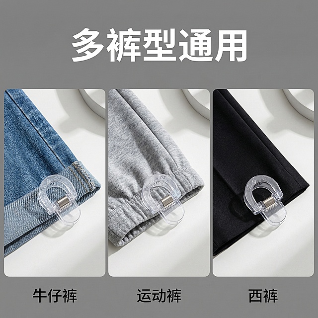 裤脚夹多场景使用主图，简约实用风格，明亮自然光。画面展示裤脚夹分别夹在牛仔裤、运动裤、西裤三种不同面料裤脚的小拼图，背景为浅灰色家居场景，光影自然。主色调为透明色、多彩裤装颜色、浅灰。正平视视角，画面无边框。顶部悬浮白色无衬线粗体文案“多裤型通用”，每个小拼图下方标注对应裤型名称，文字不遮挡产品。1:1比例 2k分辨率，产品外观和上传的裤脚夹完全一致