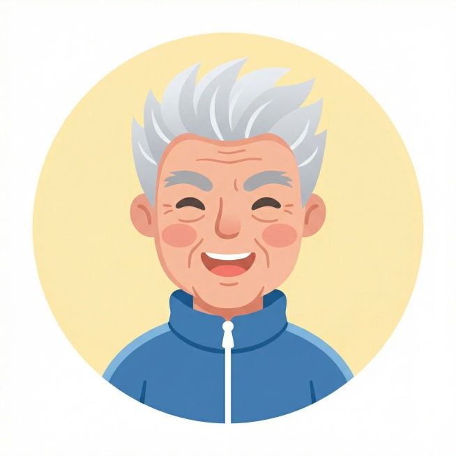 扁平插画风格，一位充满活力的老人头像，神态精神，圆形背景，画风和参考图一致预览效果