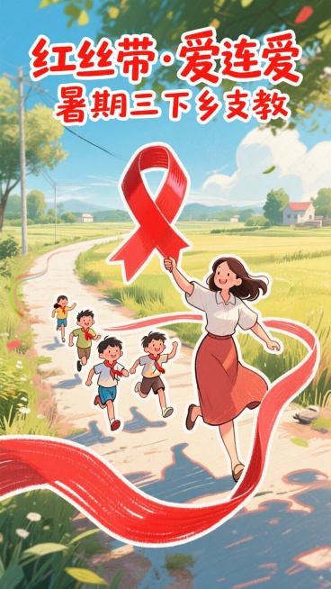 宣传海报，红丝带爱连爱公益服务团队暑期三下乡支教活动，动画风格，画风唯美，女老师举着红丝带在前面，男生女生在后面侧身追赶奔跑，俯瞰视角，红色丝带飘逸弯绕环绕在学生中间，海报顶部添加文字"红丝带·爱连爱预览效果