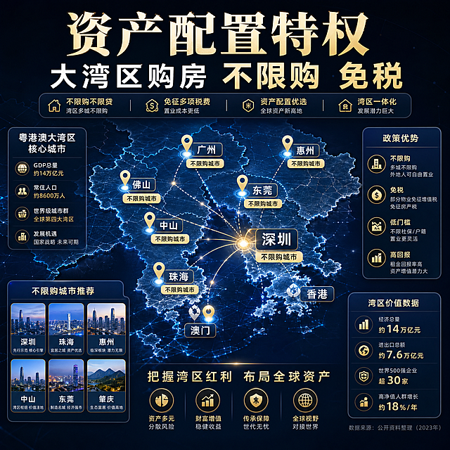 资产配置特权主题，大湾区购房不限购免税，深圳广州珠海等大湾区核心城市地图打点图，地图背景搭配数据标签，清晰标注不限购城市，专业信息可视化风格