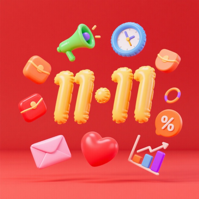 主体为一个促销感的黄色“11·11”造型，结合装饰元素：漂浮着喇叭、时钟、信封、爱心、数据图表、折扣标识等，前景干净，背景为红色预览效果