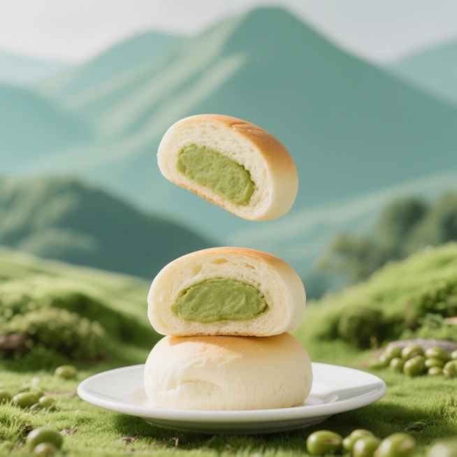 超写实美食摄影，绿豆沙豆乳夹心餐包，松软的奶白面包，其中一个餐包被切开露出绵密的绿色内馅，另一个餐包悬浮在上方展示切面，餐包堆叠在白色瓷盘上，背景是清新的浅绿色山峦 + 绿色草地，光线柔和明亮，整体色预览效果