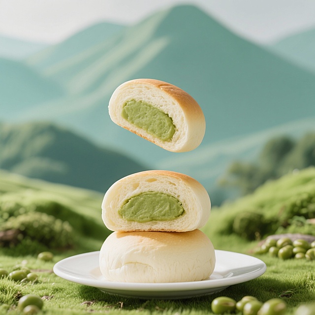 超写实美食摄影，绿豆沙豆乳夹心餐包，松软的奶白面包，其中一个餐包被切开露出绵密的绿色内馅，另一个餐包悬浮在上方展示切面，餐包堆叠在白色瓷盘上，背景是清新的浅绿色山峦 + 绿色草地，光线柔和明亮，整体色调为抹茶绿色清新自然，质感细腻，商业产品图风格。