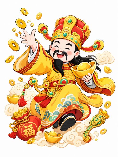 Q版卡通财神，国潮插画风格，和参考图风格一致，财神穿黄色系服饰，做撒金币动作，周围散落金元宝铜钱和招财元素，喜庆吉祥，配色姿势和已生成的两张都不同预览效果