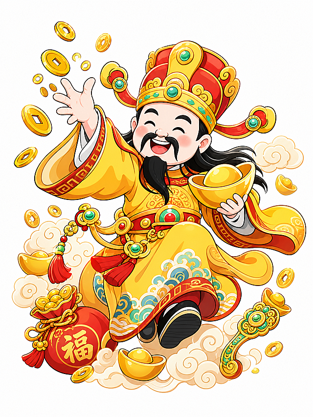 Q版卡通财神，国潮插画风格，和参考图风格一致，财神穿黄色系服饰，做撒金币动作，周围散落金元宝铜钱和招财元素，喜庆吉祥，配色姿势和已生成的两张都不同
