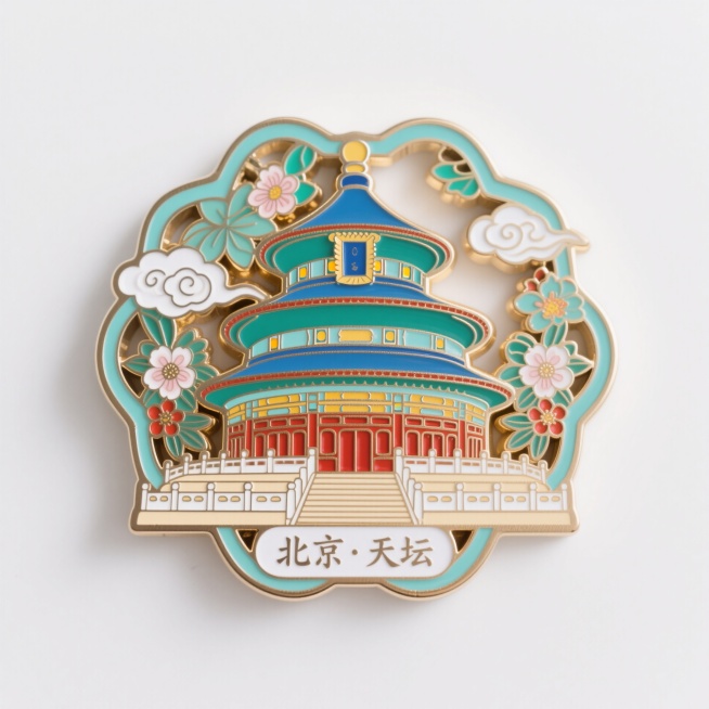金属珐琅冰箱贴，北京天坛造型，祥云、花卉装饰而成，不规则边框，镂空设计，下方小字写着“北京·天坛”，配色鲜艳明亮预览效果