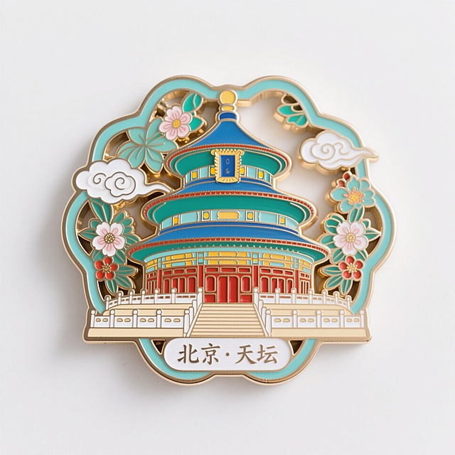金属珐琅冰箱贴，北京天坛造型，祥云、花卉装饰而成，不规则边框，镂空设计，下方小字写着“北京·天坛”，配色鲜艳明亮