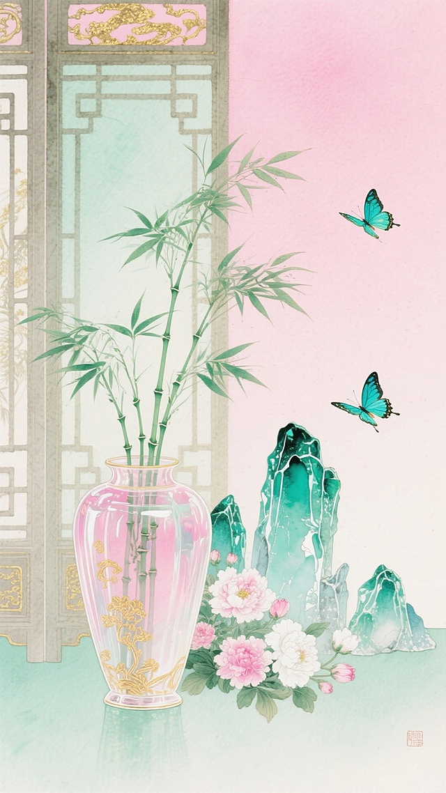 新中式，主体为透明琉璃质感的中式静物组合，包含插着翠竹的淡粉描金花瓶、琉璃假山石群、粉白花朵，搭配飞舞的蓝绿色蝴蝶。在中式屏风前。营造清新氛围，搭配金色点缀。画面呈现粉绿色调，干净的粉色渐变背景