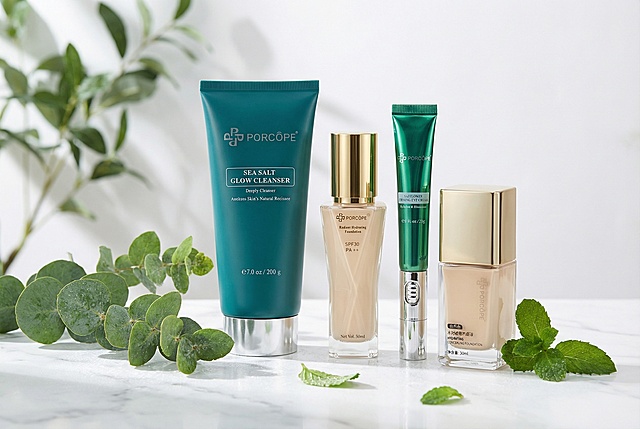 把这四款产品展示在同一个场景里，要求画面里有一点绿色