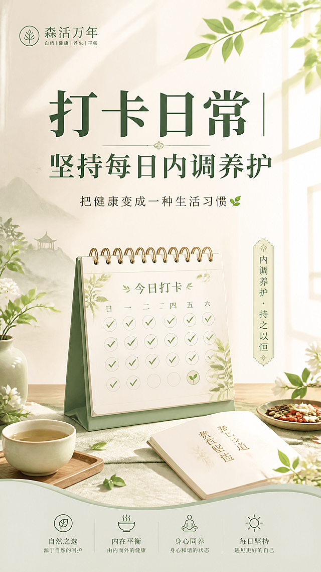 森活万年朋友圈打卡海报，新中式健康养生风格，米白+浅绿配色。画面中央大字"打卡日常｜坚持每日内调养护"，深绿色字体。下方小字"把健康变成一种生活习惯🌿"。背景有极简的日历打卡图标、绿叶、晨光，清新日常。竖版9:16构图。版式精美。无二维码。