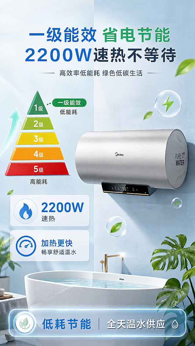 将图中所有的"2500W"修改为"2200W"，保持原有版式、字体、颜色、位置完全一致。画面其他元素、产品外观、背景、光影、配色全部保持不变。具体修改位置：1. 主标题中的"2500W速热不等待 改为 2200W速热不等待；2. 左下角卡片中的"2500W 速热" 改为 "2200W 速热"。其余所有元素保持原样。