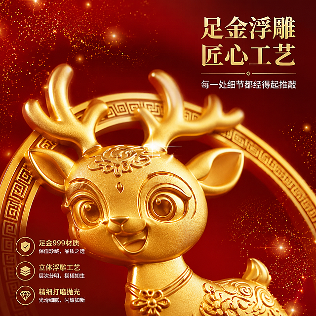 [第4屏] 详情页细节微距-足金福鹿浮雕工艺特写。本屏使用【图1】作为商品主体，聚焦福鹿头部与浮雕细节。
[氛围/风格] 微距精致风，高端珠宝级质感，突出足金材质与浮雕工艺。
[元素布局] 画面中央为福鹿头部放大特写，占比约60%，清晰展示鹿角、眼睛、毛发纹理的浮雕细节；周围有金色粒子光晕效果；背景为深红色渐变，虚化处理；产品材质、颜色、浮雕纹理与输入图完全一致，放大后细节清晰。
[光影质感] 多角度柔光打亮金鹿表面，突出金属质感与浮雕层次，每一处纹路都有明暗对比，金光闪闪。
[配色色系] 全局底色 #6B0F1A 深红；主色足金金色；辅助色深红渐变、金色光晕。
[视角构图] 正面微距特写，鹿首居中，视觉焦点在眼睛和鹿角细节上。
[文字版式] 右上角主标题「足金浮雕 匠心工艺」，副标题「每一处细节都经得起推敲」；左下角3个小标签：「足金999材质」「立体浮雕工艺」「精细打磨抛光」；文字为细黑体，白色+金色，不遮挡主体细节。
[比例分辨率] 1:1方图比例，4K分辨率，文字清晰可辨，高清画质。
[负向提示词] 产品变形，缺件错件，颜色偏差，水印，文字错乱，产品图模糊，浮雕不清晰。
