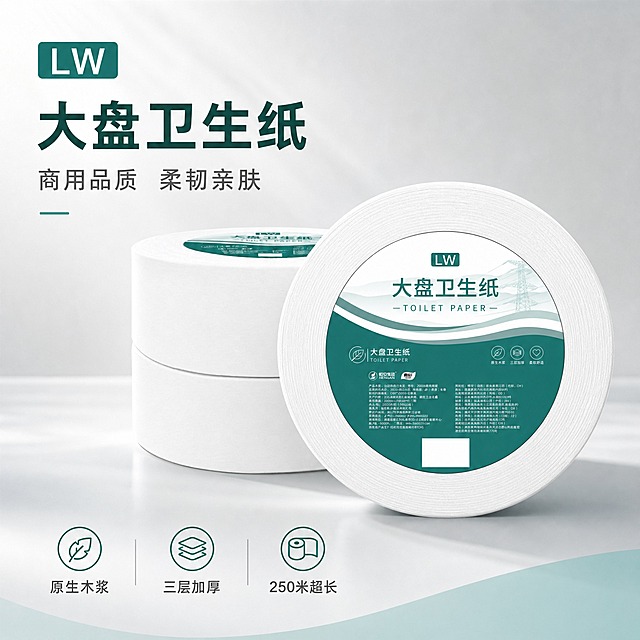 [主图-1] 大盘卫生纸产品首图，建立洁净专业商务品质第一印象。
[统一基调] 整体风格为洁净商务品质感，背景主色为浅灰渐变+柔和青绿色点缀，标题字色为深墨绿，辅助字色为中灰色，强调色为青绿色，字体为现代无衬线粗体，字号层级分明，卡片样式为圆角轻阴影，图标为线性简约风格。
[画面] 画面中央偏右位置放置两卷大盘卫生纸，前景一卷完整展示正面标签，后景一卷略微靠后错开，产品占画面约65%。产品外观与输入图一致：白色大卷纸，圆形标签上半部分白色配深绿色"大盘卫生纸"大字和LW标识及高压电塔图案，下半部分深绿色配产品信息。左侧为留白负空间，左上角放置品牌区域，底部横向排列三个核心卖点图标+短词。背景为浅灰色渐变，底部有柔和的产品投影，整体干净通透。
[光影质感] 商业摄影质感，主光从左上方45度照射，产品右侧形成柔和阴影，卷纸边缘有细腻的层叠纹理高光，标签表面有轻微的光泽反射，底部有自然的接触阴影，整体明亮通透。
[配色] 主背景浅灰渐变，标题深墨绿，辅助文字中灰，强调色青绿，产品本身白+深绿标签保持原样。
[文字版式] 左上角大标题"大盘卫生纸"，副标题"商用品质 柔韧亲肤"；底部三列卖点：左"原生木浆"、中"三层加厚"、右"250米超长"，每列配简约线性图标。文字均放在负空间，不遮挡产品主体。
[输出要求] 1:1正方形，2048x2048，文字清晰可读，产品清晰锐利，无变形，无错字，无水印，无平台Logo，无杂乱背景元素。