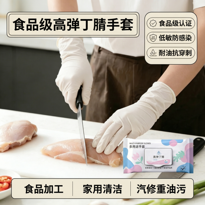 以第一张厨房切鸡肉场景图为背景，将第二张丁腈手套产品包装袋添加到画面右下角，画面左上角添加带文案框的主标题“食品级高弹丁腈手套”，右侧添加圆角文案框列出3个核心卖点：食品级认证、低敏防感染、耐油抗穿刺预览效果