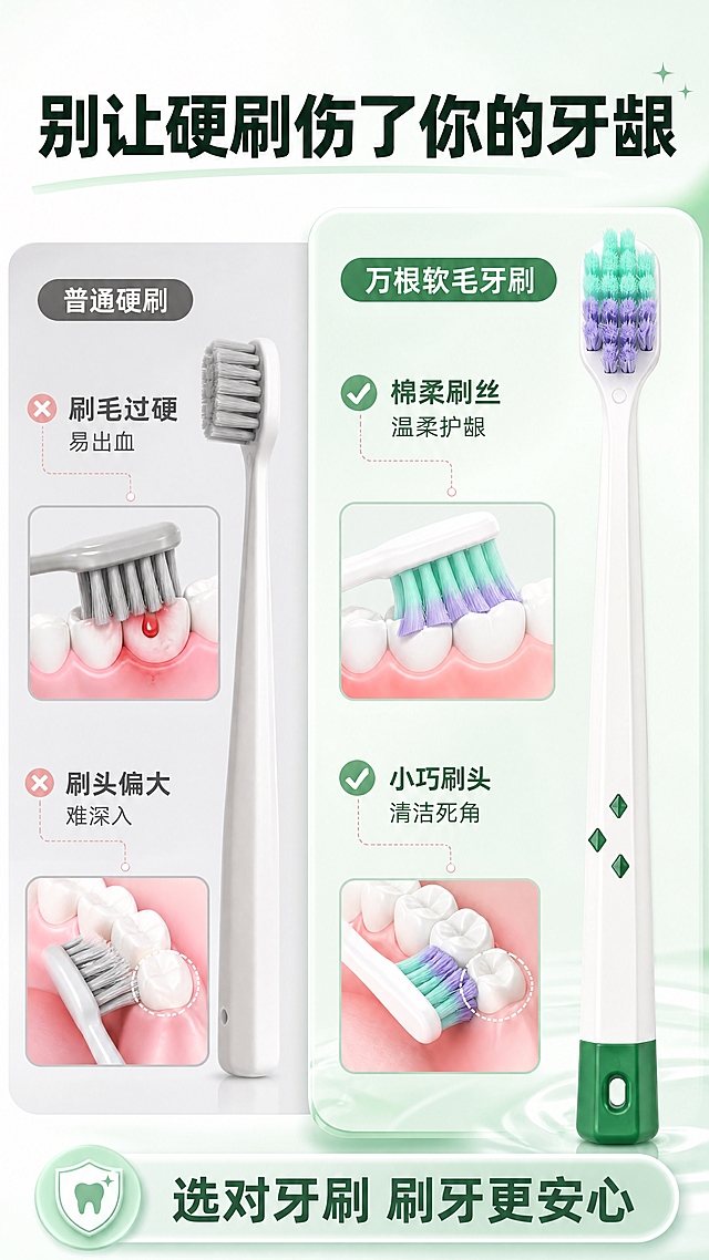 [商品] 使用【图2】绿色款牙刷特写；保留白刷柄、绿色底部与菱形装饰点、绿紫渐变刷毛、刷头形状；商品处理：增强刷丝根根分明的蓬松质感，手柄光滑无划痕，不改变结构和颜色。
[画面] 目标：痛点对比页，传统硬刷 vs 万根软毛。左右分栏对比构图，左侧45%为灰色调痛点区：一支普通硬毛牙刷+牙龈红肿出血的示意图标+牙齿磨损示意，右侧55%为清新绿色解决区：科丽尔软毛牙刷轻柔贴合牙龈+健康牙齿牙龈示意。产品占右侧画面50%。阅读动线：左痛点 → 右解决 → 底部结论。
[视觉] 套系策略：风格=清新洁净口腔护理商业摄影风；标题字=思源黑体粗体；正文字=思源黑体常规；主色=薄荷绿+纯白；背景延展=基于薄荷绿做深浅渐变、同色系层次与干净柔光质感；强调色=浅粉橙，仅用于小面积图标、引线和标签；标题色=深墨绿；正文色=中灰绿；组件=圆角浅绿信息卡、细线引线、胶囊标签；光影=左前侧柔和自然光，通透干净。
[文字] 顶部大标题「别让硬刷伤了你的牙龈」，左侧痛点小标题「普通硬刷」+ 2个痛点：「刷毛过硬 易出血」「刷头偏大 难深入」，右侧解决小标题「万根软毛牙刷」+ 2个解决：「棉柔刷丝 温柔护龈」「小巧刷头 清洁死角」，底部结论条「选对牙刷 刷牙更安心」。
[规格] 淘宝/天猫详情页竖版9:16，4K分辨率，负向提示：避免血腥夸张、恶心画面、变形、错字、文字过小、牙刷颜色改变、极限词。