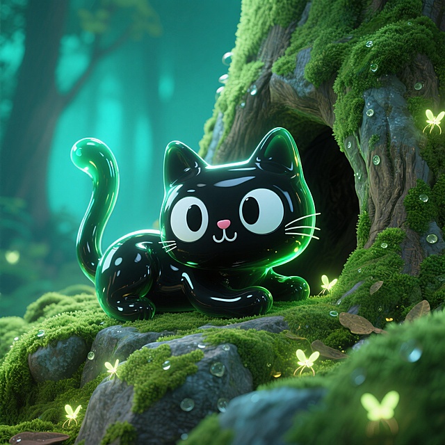 梦幻3D卡通猫，置身虚拟自然，液态风设计，萤火虫环绕，童话般场景。