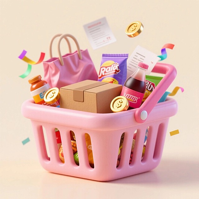 一个粉色购物篮，里面有快递盒、购物袋、零食饮料，点缀金币、彩带、票据，浅米色背景