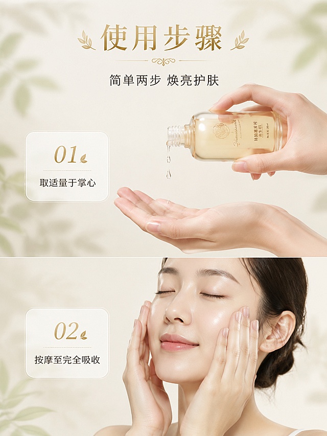 详情页总规划｜平台/语种/品类：国内电商平台/简体中文/护肤面霜｜全局视觉系统：背景底色HEX：#F5F2EC（低饱和米杏色渐变叠加柔焦植影纹理）；主色：米白色（来自包装标签，占比60%），辅色：哑光金色（来自瓶盖，占比30%），点缀色：低饱和草木绿（来自植萃元素，占比10%）；画风：植系简约轻奢；光影：柔和自然光漫射，无硬阴影；渲染：写实商品+轻拟态元素；标题字形：简约优雅衬线字体，正文字形：无衬线字体；标题呈现：左对齐或头部居中，字色为哑光金、深灰棕2种；圆角卡/标签/icon：半透明白色圆角卡、哑光金胶囊标签、草木绿极简植系icon；留白：四边留10%安全留白，模块间自然过渡无硬分割；层级：商品主体>核心标题>辅助信息>背景元素；文字安全区：距四边≥8%画布宽度｜合规边界：不得编造产品具体成分、具体功效验证依据、规格参数、适用肤质、使用注意事项，不可夸大功效，不得宣传医疗功效、疾病治疗、药品暗示、永久效果、绝对化表述，符合护肤品相关宣传合规要求
【首屏主视觉】｜实际图位类型：商品全貌展示图｜核心视觉：AURORA BOTANICS焕亮修护面霜完整包装置于画面中心，四周散落零星干燥植草装饰｜背景/风格：米杏色渐变背景叠加柔焦叶片投影，自然植系轻奢感｜画面策略：上下结构，主体占画面60%位于中心；标题区顶部居中，核心卖点以4个半透明圆角小卡整齐排列于画面底部；阅读动线从上到下依次为标题→商品主体→卖点；四边留10%安全区；背景植影自然铺满无空边｜人物/道具建议：无人物，搭配少量与植萃配方相关的干燥草本作为装饰｜平台规则：突出品牌质感与商品全貌，利益前置｜图位文案：主标题：植萃焕亮 柔润修护；副标题：温和养出自然透亮肌；卖点标签：植萃配方、温和亲肤、改善暗沉、焕亮修护｜产品角度/景别：平视包装全貌，中景｜比例建议：3:4，适配国内电商主图展示尺寸，兼顾信息完整性与视觉舒适度｜协同要求：包装的磨砂玻璃、哑光金盖细节还原真实，与全局视觉配色统一
【功能卖点图1】｜实际图位类型：核心功能特写图｜核心视觉：面霜膏体被手指轻挖取的特写，周围环绕半透明水润光泽圈｜背景/风格：米杏色渐变背景叠加细碎水波纹理，清透温和感｜画面策略：左右结构，主体占画面55%位于左侧；标题区顶部左对齐，3个功能卖点以哑光金胶囊标签分布在右侧空白处；阅读动线从左到右依次为标题→膏体特写→功能卖点；四边留10%安全区；背景水波纹自然铺满无空边｜人物/道具建议：仅展示干净的取膏手部局部，无额外道具｜平台规则：功能展示可视化，不夸大表述｜图位文案：主标题：润养焕亮 击退暗沉；副标题：温和改善肤色不均；卖点标签：焕亮肤色、改善暗沉、润养肌底｜产品角度/景别：俯视膏体取用量特写，近景｜比例建议：3:4，清晰展示膏体状态与功能关联｜协同要求：避免与首屏同角度，膏体质地还原真实，光泽自然不夸张
【功能卖点图2】｜实际图位类型：第二功能展示图｜核心视觉：少量面霜在手背被轻轻推开的特写，呈现轻薄好吸收的状态｜背景/风格：米杏色渐变背景叠加柔焦丝绸纹理，亲肤舒适感｜画面策略：上下结构，主体占画面50%位于中心偏下；标题区顶部居中，肤感相关卖点以半透明圆角小卡排列在画面底部；阅读动线从上到下依次为标题→推开的膏体→卖点；四边留10%安全区；背景丝绸纹理自然铺满无空边｜人物/道具建议：仅展示干净的手背局部，无额外道具｜平台规则：突出使用体验，不编造功效依据｜图位文案：主标题：轻薄好推 温和修护；副标题：日常护肤无负担；卖点标签：质地轻薄、易吸收、不黏腻｜产品角度/景别：平视手背涂抹特写，近景｜比例建议：3:4，清晰展示涂抹后的肤感状态｜协同要求：避免与功能卖点图1同角度同文字位置，肤感呈现真实
【模特展示图】｜实际图位类型：生活化使用场景图｜核心视觉：面带自然透亮好状态的模特，手持面霜罐置于脸颊旁，动作放松自然｜背景/风格：米杏色渐变背景叠加窗边柔焦光影，日常居家护肤感｜画面策略：左右结构，模特主体占画面60%位于右侧；标题区顶部左对齐在左侧干净留白区域；阅读动线从左到右依次为标题→模特→面霜；四边留10%安全区；背景光影自然铺满无空边｜人物/道具建议：模特皮肤状态自然无过度磨皮，动作是手持面霜轻靠脸颊，无夸张表情｜平台规则：场景真实生活化，突出使用氛围｜图位文案：主标题：日常护肤 一步焕亮；副标题：养成透亮好气色｜产品角度/景别：中景，模特半身+手持完整面霜｜比例建议：9:16，适配短视频平台种草展示，场景感更强｜协同要求：模特状态自然，面霜包装展示清晰，与全局风格统一
【商品成分图】｜实际图位类型：配方概念展示图｜核心视觉：多个半透明成分球体悬浮于画面中，球体内含模糊植萃叶片、花朵元素，球体旁配短标签｜背景/风格：米杏色渐变背景叠加朦胧水雾感，植系纯净感｜画面策略：居中发散结构，成分球体占画面60%均匀分布在中心区域；标题区顶部居中，短标签紧邻对应成分球体；阅读动线从上到下依次为标题→成分球体→对应标签；四边留10%安全区；背景水雾自然铺满无空边｜人物/道具建议：无人物，以植萃元素作为球体内部视觉内容｜平台规则：不编造具体成分名、浓度、专利等信息，仅展示植萃配方概念｜图位文案：主标题：植萃配方 温和亲肤；副标题：自然植萃呵护肌肤；标签：天然植萃、温和低刺激｜产品角度/景别：无产品实体，成分概念全景｜比例建议：3:4，清晰呈现配方概念逻辑｜协同要求：不出现具体成分名称，视觉风格纯净符合植系定位
【商品细节图】｜实际图位类型：质地细节展示图｜核心视觉：少量面霜置于磨砂玻璃罐口，呈现丰润细腻的膏体质地，罐身半露｜背景/风格：米杏色渐变背景叠加柔焦木质台面纹理，高级质感｜画面策略：上下结构，罐口膏体占画面50%位于中心偏下；标题区顶部居中；阅读动线从上到下依次为标题→膏体质地；四边留10%安全区；背景木质纹理自然铺满无空边｜人物/道具建议：无人物，无额外道具｜平台规则：真实展示质地，不与成分图内容重复｜图位文案：主标题：丰润质地 细腻柔滑；副标题：触肤即融好吸收｜产品角度/景别：俯视罐口膏体质地特写，近景｜比例建议：3:4，清晰展示膏体真实质感｜协同要求：避免与功能卖点图的膏体展示角度重复，突出包装与质地的细节
【效果对比图】｜实际图位类型：使用效果对比图｜核心视觉：同一手背左右两侧对比，左侧为未涂抹面霜的自然状态，右侧为涂抹面霜后呈现的自然透亮状态｜背景/风格：米杏色渐变背景，干净无多余装饰｜画面策略：左右分屏结构，两侧对比区域各占画面40%，中间自然区隔；标题区顶部居中；阅读动线从上到下依次为标题→左侧未涂抹区域→右侧涂抹区域；四边留10%安全区；背景自然铺满无空边｜人物/道具建议：仅展示干净的手背局部，无额外道具｜平台规则：效果展示客观克制，不夸大、不宣称立即见效、绝对化效果｜图位文案：主标题：润养之后 自然透亮；副标题：坚持使用改善肤质｜产品角度/景别：平视手背对比特写，近景｜比例建议：1:1，对比展示清晰直观｜协同要求：对比效果自然不夸张，无过度修图
【使用建议】｜实际图位类型：使用步骤展示图｜核心视觉：2步使用动作图示，分别为取适量面霜、轻柔按摩至吸收｜背景/风格：米杏色渐变背景叠加柔焦植影，清晰友好感｜画面策略：上下分栏结构，两个步骤各占画面40%上下分布；标题区顶部居中，每个步骤旁配半透明圆角小卡标注步骤要点；阅读动线从上到下依次为标题→「图片1」帮我生成详情页