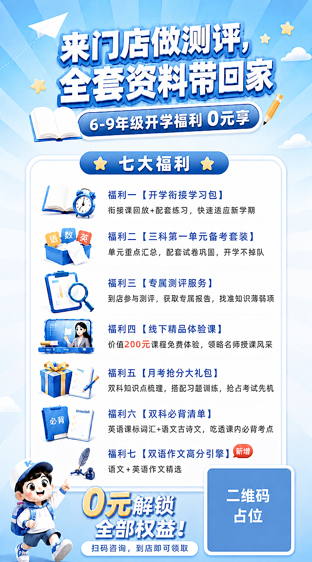 优化这张海报的排版，解决两个问题：1）七大福利排版更紧凑；2）二维码不要遮盖福利部分。

具体修改：
1. 七大福利区域整体向上收紧，缩小每条福利之间的行间距，福利图标适当缩小，使七条福利在卡片内更紧凑排列，为底部腾出更多空间。
2. 二维码占位整体下移，放在福利卡片的下方、海报底部区域，完全不遮挡任何一条福利内容。二维码可以适当缩小一些，确保在底部完整放置，不与福利区重叠。
3. 底部"0元解锁全部权益！"和"扫码咨询，到店即可领取"文字也随之下移，放在二维码左侧或上方，布局合理。
4. 左下角卡通小男孩可以适当缩小或位置微调，避免遮挡。
5. 顶部主标题、副标题、背景保持不变。
6. 所有福利内容（福利一至福利七，含福利七的新增标签和"语文+英语作文精选"小字）完整保留，文字内容不变。

最终效果：福利区完整清晰不被遮挡，二维码在底部独立区域，整体布局紧凑合理。二维码占位保持纯色方块+中央"二维码占位"文字。