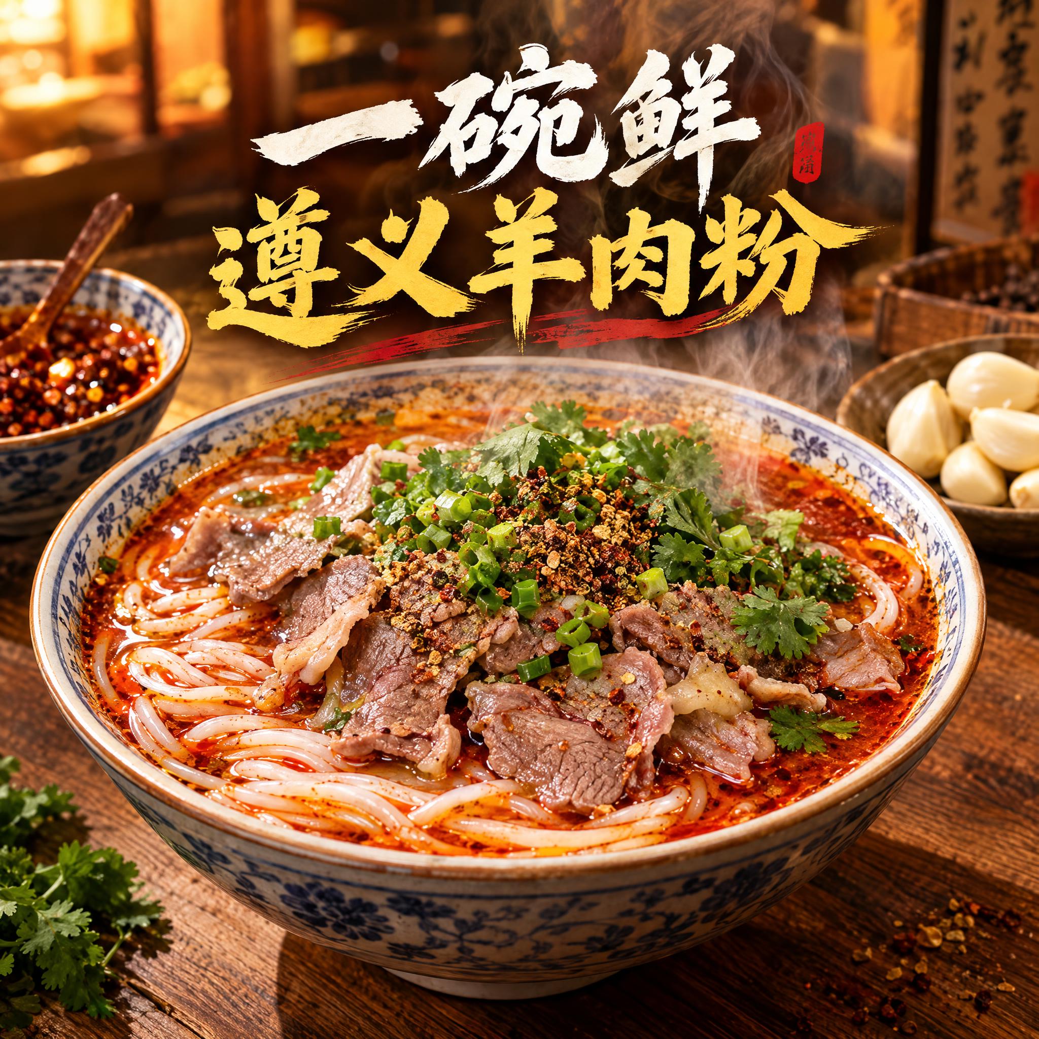 一碗鲜遵义羊肉粉店铺头像，正方形构图，市井烟火气风格，一碗热气… - 图片创意预览