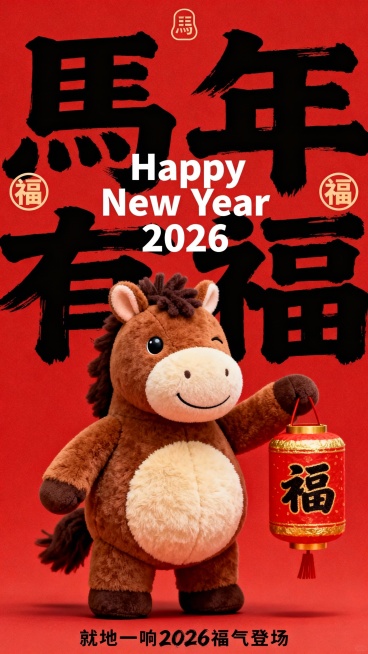 纯正面小马，Q版棕褐配色的拟人毛绒小马公仔（腹部是浅米色毛绒，单眼眯起微笑，鬃毛为深棕短绒质感，圆鼓鼓的肚子），站立，一手提 “福” 字圆柱形灯笼；红色背景，搭配红 / 金（灯笼）；小马公仔位于画面中预览效果