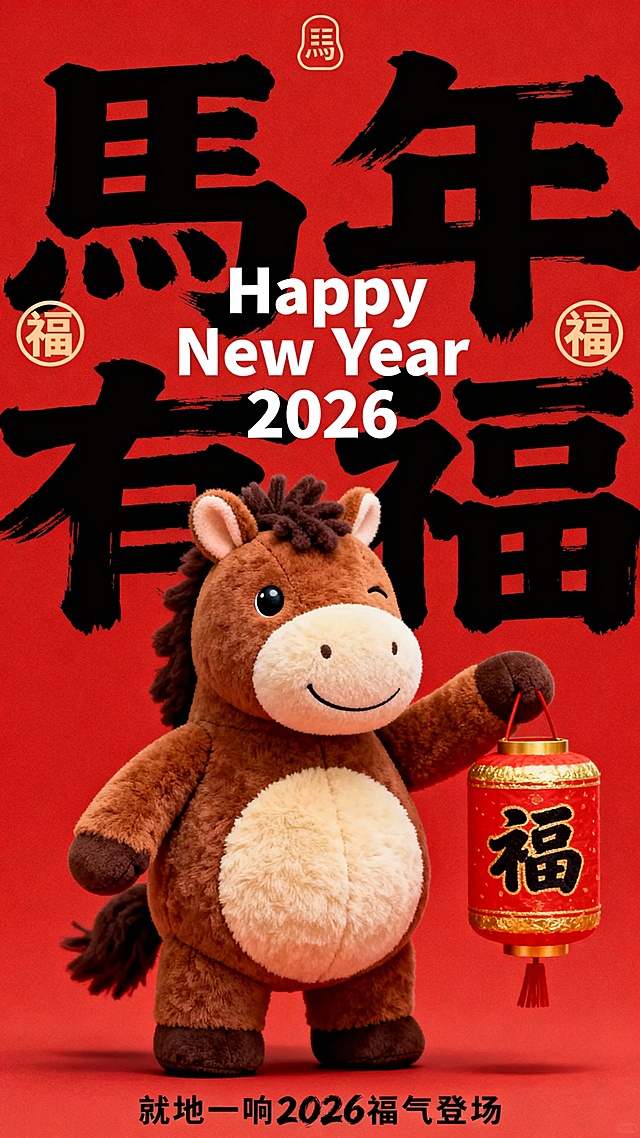 纯正面小马，Q版棕褐配色的拟人毛绒小马公仔（腹部是浅米色毛绒，单眼眯起微笑，鬃毛为深棕短绒质感，圆鼓鼓的肚子），站立，一手提 “福” 字圆柱形灯笼；红色背景，搭配红 / 金（灯笼）；小马公仔位于画面中下部核心区域；画面上部排布大号黑色毛笔大字 “馬年  有福”（笔触清晰），中间叠印白色体小字 “Happy    New Year   2026” ，背景文字两侧点缀圆形 “福” 字标识，画面顶部有小型 “馬” 字图形标识，底部有黑色很小的字 “就地一响 2026 福气登场”（2026为毛笔字体）