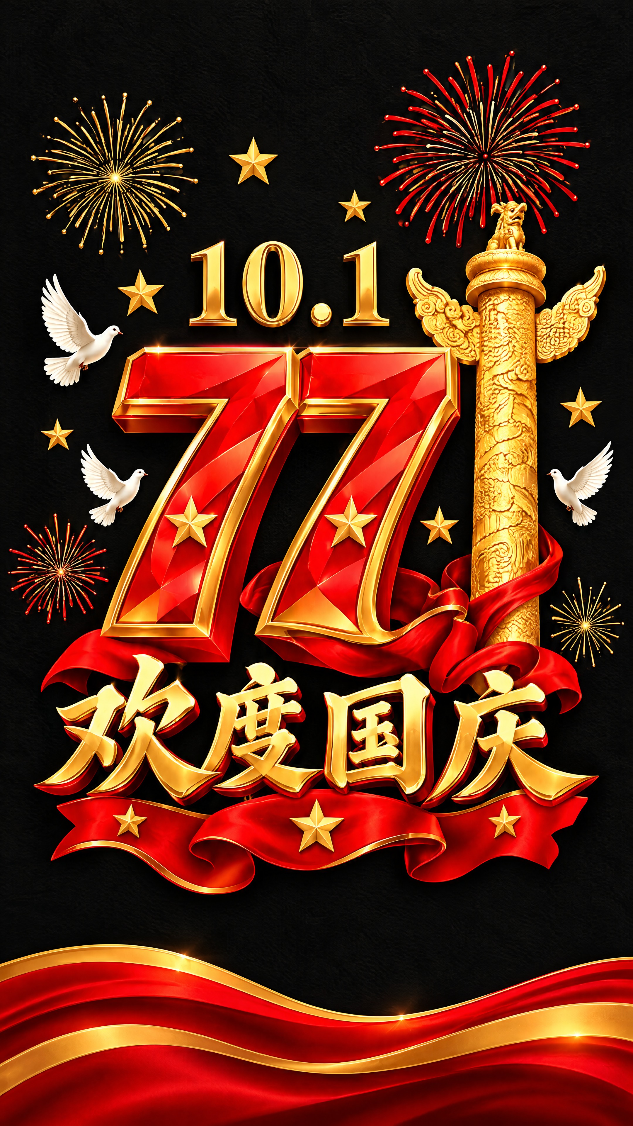 第2扇玻璃贴：黑色背景，画面中央是红色立体数字77配金色描边，… - 图片创意预览