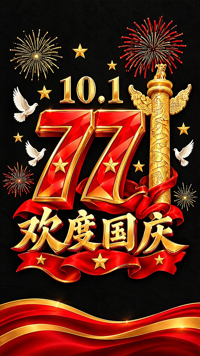 第2扇玻璃贴：黑色背景，画面中央是红色立体数字77配金色描边，数字上方有10.1金色字样，数字右侧有金色华表柱，周围有白色和平鸽、金色星星、烟花装饰，下方是金色欢度国庆四个大字配红色丝带和金色星星，底部有红金双色波浪飘带，高清精致，单扇独立完整画面