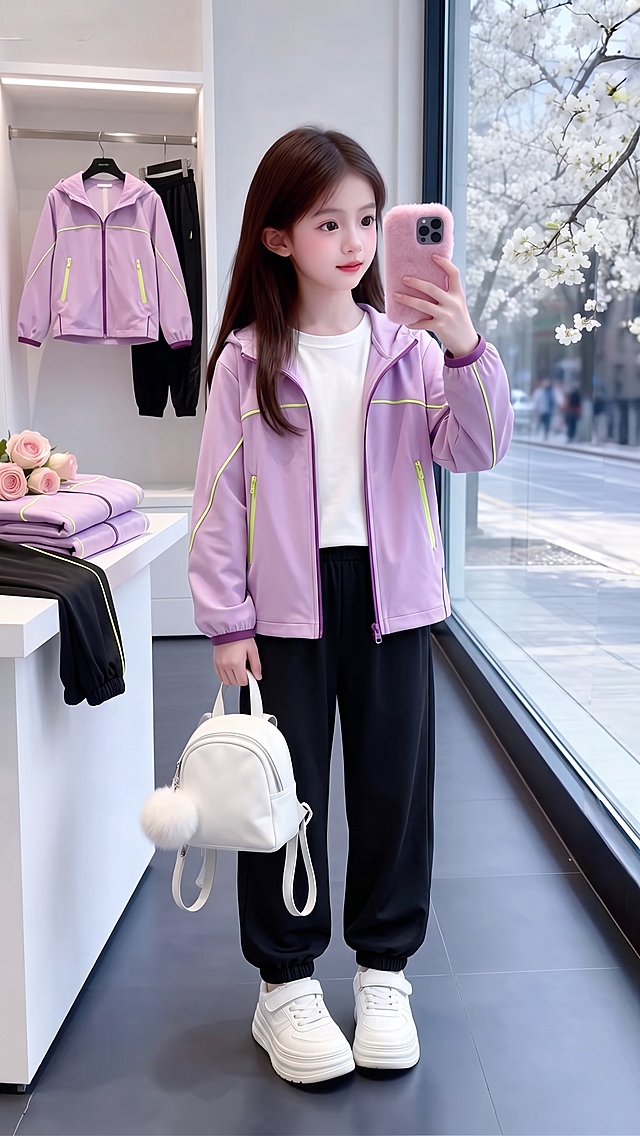 用图1的模特穿的衣服裤子替换图的2的人物的上身穿的穿的衣服裤子和旁边桌子上折叠的衣服以及后方衣架上挂着的衣服，保留原场景光影，五官和发型不变，图片宽高尺寸不变，背景不变，模特姿势不变，背景不变。保持图模特的衣服裤子款式颜色不变