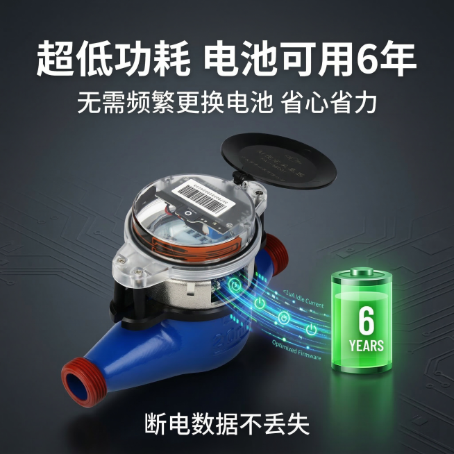 [垫图] 
[主图主题]智能水表低功耗特性展示
[氛围/风格]简约科技风
[画面元素]水表居中，旁边放置电池图标，用动态线条展示低功耗续航路径，背景为深灰渐变，光影突出电池和产品
[配色色系]主色调：预览效果